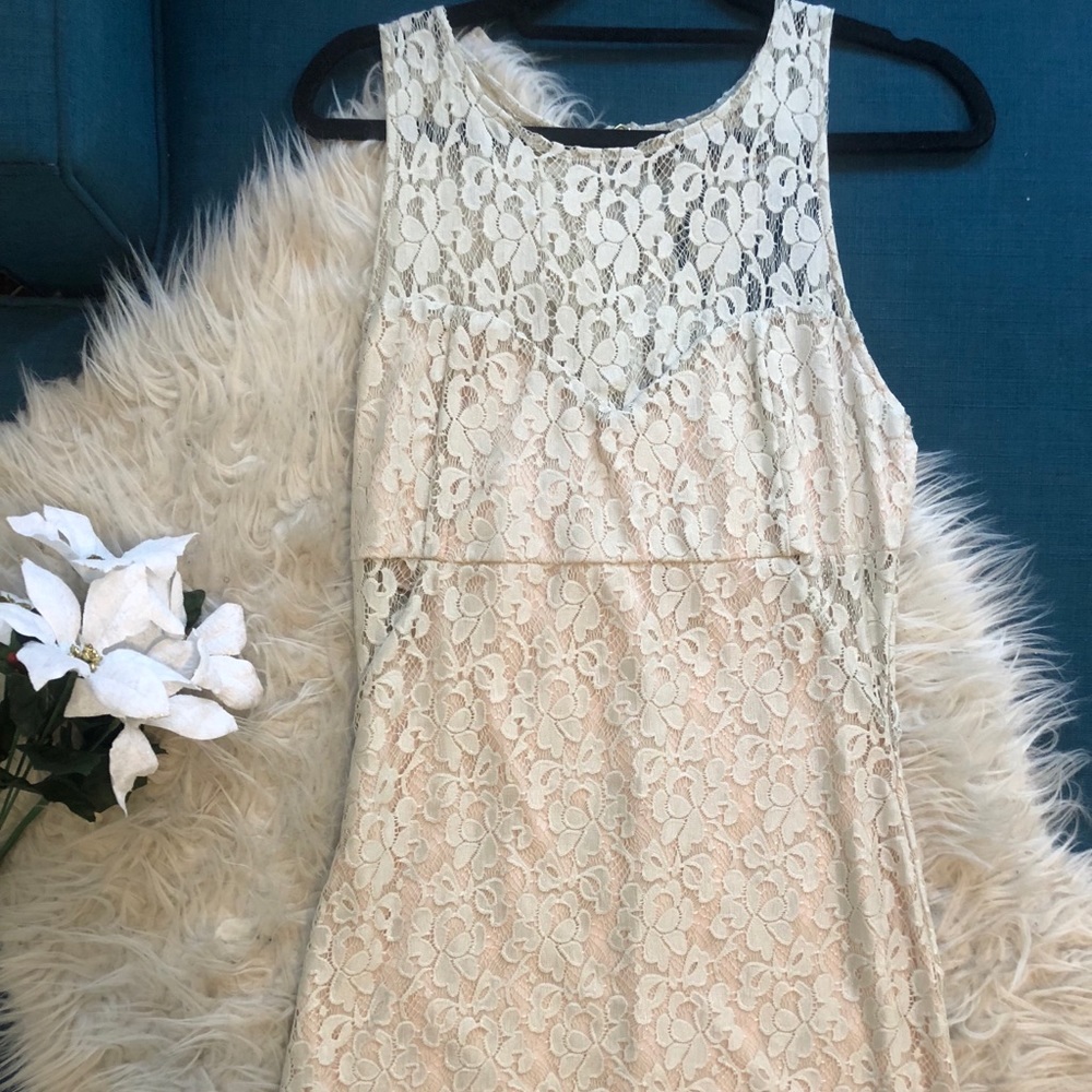 White trimmed lace dress from Macy’s.